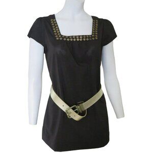 Black Tunic Top S Embellished Square Neckline Cap Sleeve Belt Loops NO Belt